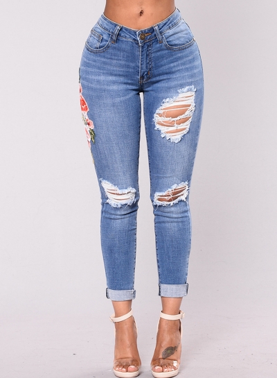 Casual Ripped Distressed Embroidered High Waist Skinny Jeans With Pockets