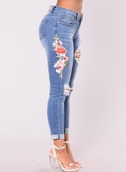 Casual Ripped Distressed Embroidered High Waist Skinny Jeans With Pockets