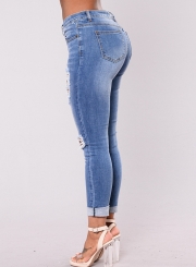 Casual Ripped Distressed Embroidered High Waist Skinny Jeans With Pockets