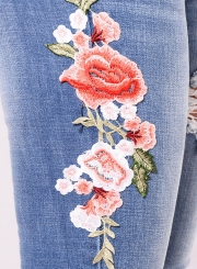 Casual Ripped Distressed Embroidered High Waist Skinny Jeans With Pockets