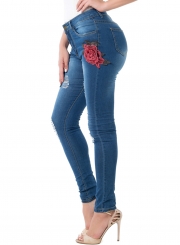 Casual Ripped Pants High Waist Slim Fit Skinny Embroidered Jeans