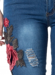 Casual Ripped Pants High Waist Slim Fit Skinny Embroidered Jeans