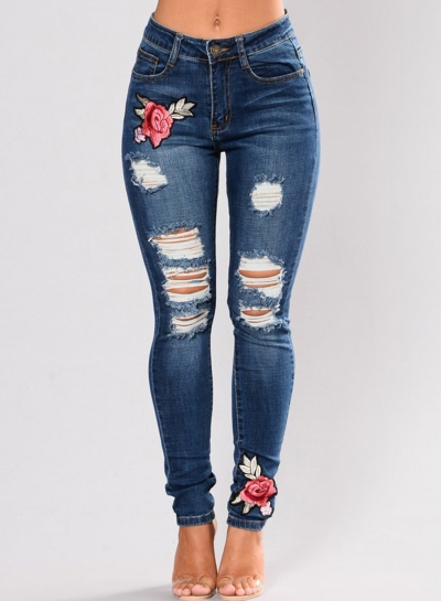 Destroyed Ripped Distressed Embroidered High Waist Skinny Denim Jeans