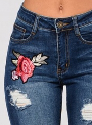 Destroyed Ripped Distressed Embroidered High Waist Skinny Denim Jeans