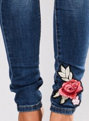 Destroyed Ripped Distressed Embroidered High Waist Skinny Denim Jeans