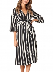 Black Summer Striped V Neck Half Sleeve High Waist Midi Dress With Belt