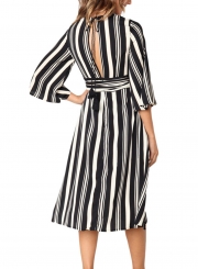 Black Summer Striped V Neck Half Sleeve High Waist Midi Dress With Belt