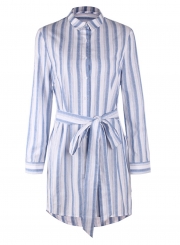 Light Blue Casual Striped Long Sleeve High Low Button Down Mini Dress