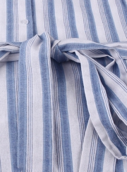 Light Blue Casual Striped Long Sleeve High Low Button Down Mini Dress