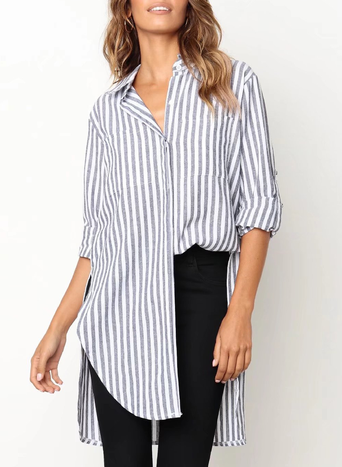 Black Casual Striped Long Sleeve TurnDown Collar High Low Button Down