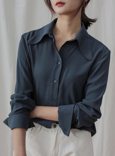 Navy Chiffon Long Sleeve Loose Button Down Shirt YOUYOUFASHIONEC.com