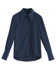 Navy Chiffon Long Sleeve Loose Button Down Shirt