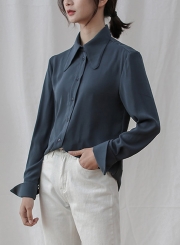 Navy Chiffon Long Sleeve Loose Button Down Shirt