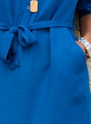 Turn-Down Collar Half Sleeve Waist Tie Button Down Dress With Pockets