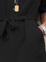Turn-Down Collar Half Sleeve Waist Tie Button Down Dress With Pockets