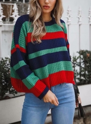 Green Women's Casual Striped Long Sleeve Round Neck Loose Sweater