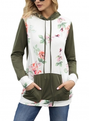 Green Casual Floral Print Long Sleeve Color Block Loose Hoodie With Pocket