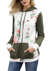 Green Casual Floral Print Long Sleeve Color Block Loose Hoodie With Pocket