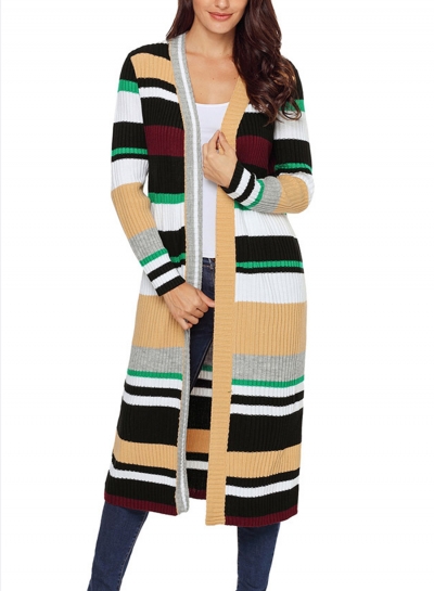 Khaki Casual Striped Long Sleeve Open Front Slim Long Cardigan