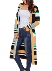 Khaki Casual Striped Long Sleeve Open Front Slim Long Cardigan