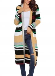 Khaki Casual Striped Long Sleeve Open Front Slim Long Cardigan