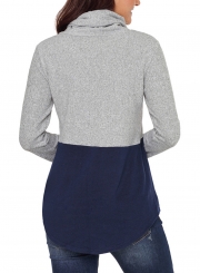 Deep Blue Women's High Neck Long Sleeve Color Block Loose Pullover Sweatshirt