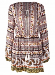 White Boho Floral Print V Neck Long Sleeve Elastic Waist A-Line Midi Dress