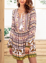 White Boho Floral Print V Neck Long Sleeve Elastic Waist A-Line Midi Dress