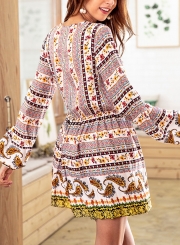 White Boho Floral Print V Neck Long Sleeve Elastic Waist A-Line Midi Dress