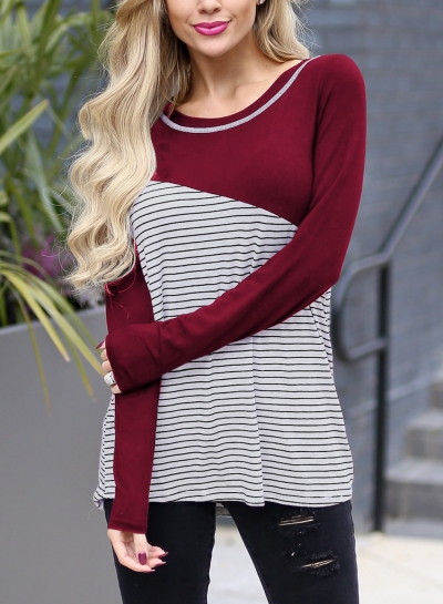 Burgundy Women's Casual Striped Round Neck Long Sleeve Loose Pullover Tee STYLESIMO.com