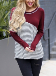 Burgundy Women's Casual Striped Round Neck Long Sleeve Loose Pullover Tee