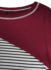 Burgundy Women's Casual Striped Round Neck Long Sleeve Loose Pullover Tee