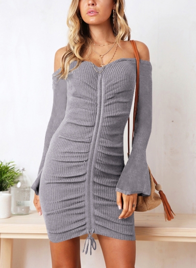 Grey Summer Off Shoulder Flare Sleeve Lace-Up Solid Color Bodycon Dress YOUYOUFASHIONEC.com