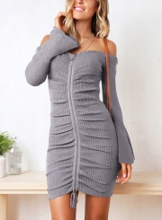 Grey Summer Off Shoulder Flare Sleeve Lace-Up Solid Color Bodycon Dress