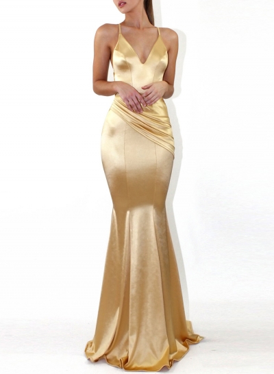 Gold Fashion Sexy Solid Spaghetti Strap V Neck Backless Evening Party Dress YOUYOUFASHIONEC.com