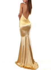 Gold Fashion Sexy Solid Spaghetti Strap V Neck Backless Evening Party Dress