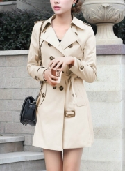 Khaki Casual Turn-Down Collar Long Sleeve Slim Fit Coat With Belt