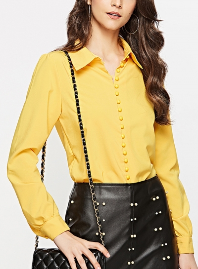 Yellow Turn-Down Collar Long Sleeve Slim Solid Color Button Down Shirt YOUYOUFASHIONEC.com