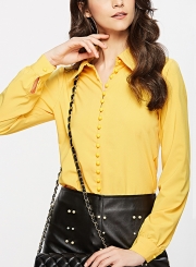 Yellow Turn-Down Collar Long Sleeve Slim Solid Color Button Down Shirt