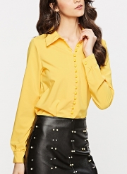 Yellow Turn-Down Collar Long Sleeve Slim Solid Color Button Down Shirt