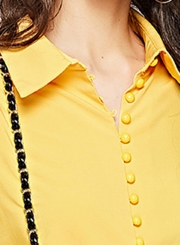 Yellow Turn-Down Collar Long Sleeve Slim Solid Color Button Down Shirt