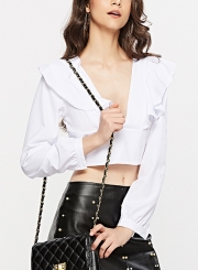 White Sexy V Neck Long Sleeve Ruffle Crop Top Slim Solid Color Blouse
