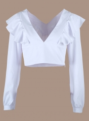 White Sexy V Neck Long Sleeve Ruffle Crop Top Slim Solid Color Blouse