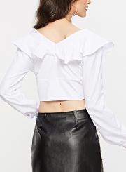 White Sexy V Neck Long Sleeve Ruffle Crop Top Slim Solid Color Blouse