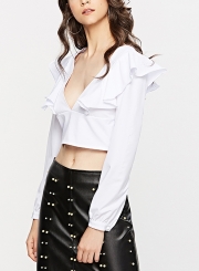 White Sexy V Neck Long Sleeve Ruffle Crop Top Slim Solid Color Blouse