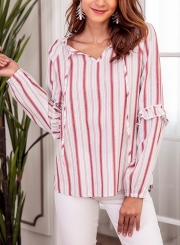 Red Casual Striped V Neck Long Sleeve Loose Ruffle Blouse With Drawstring