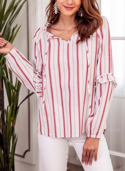 Red Casual Striped V Neck Long Sleeve Loose Ruffle Blouse With Drawstring STYLESIMO.com