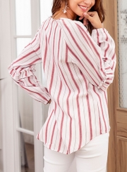 Red Casual Striped V Neck Long Sleeve Loose Ruffle Blouse With Drawstring