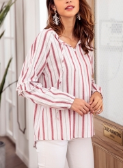 Red Casual Striped V Neck Long Sleeve Loose Ruffle Blouse With Drawstring