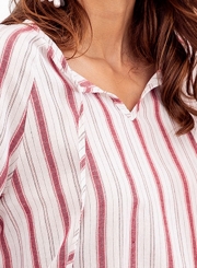 Red Casual Striped V Neck Long Sleeve Loose Ruffle Blouse With Drawstring